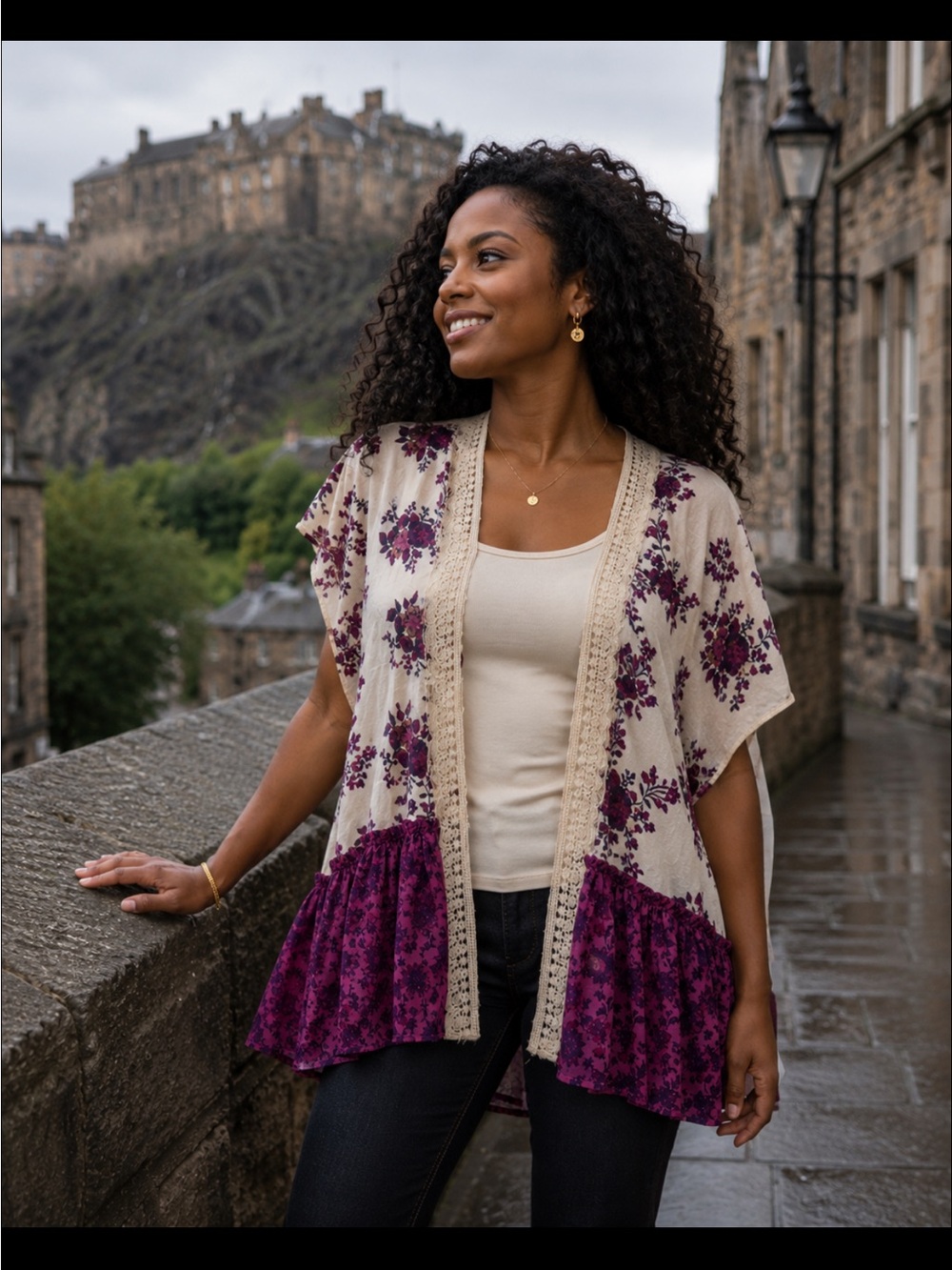 Stella Tweed Cream Floral Lace-Trim Kimono with Plum Accents